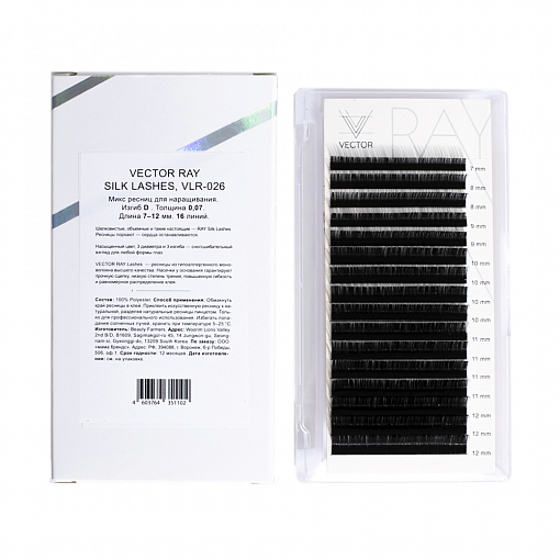 VECTOR RAY, Silk Lashes - микс ресниц для наращивания (изгиб D/Толщ.0,07 мм/Длина 7-12)