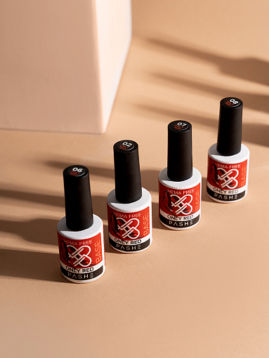 PASHE, набор №10 жесткая каучуковая цветная база HEMA-Free Only Red (8 оттенков по 9 мл)
