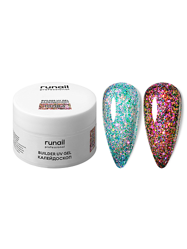 RuNail, моделирующий УФ-гель с эффектом битого стекла BUILDER UV GEL Калейдоскоп №10084, 15 гр