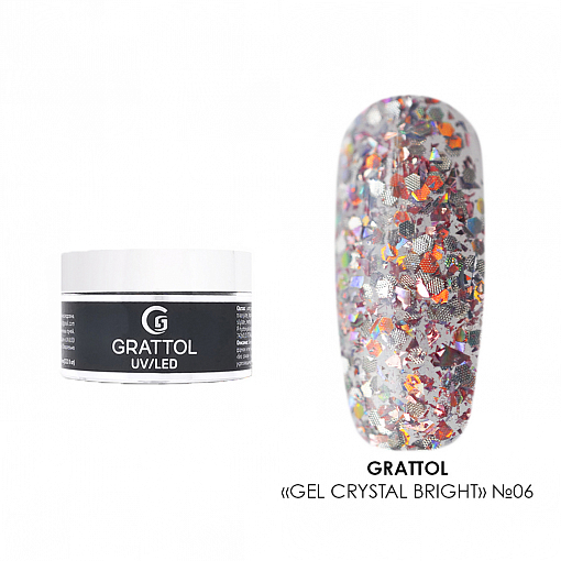 Grattol, Gel Crystal Bright - гель со светоотражающим глиттером №06, 15 мл