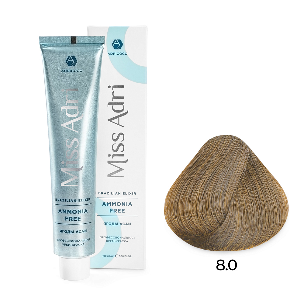 Adricoco, Miss Adri Brazilian Elixir Ammonia free - крем-краска для волос (оттенок 8.0), 100 мл