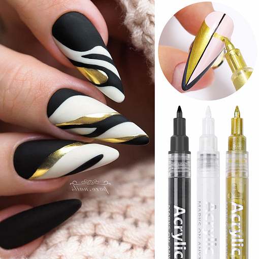 Born Pretty, набор маркеров для ногтей (черный, белый, золотой)